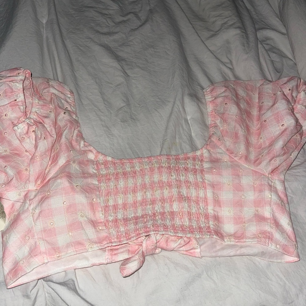 NWT Altar’d State Pink and White picnic crop top ~SZ L
